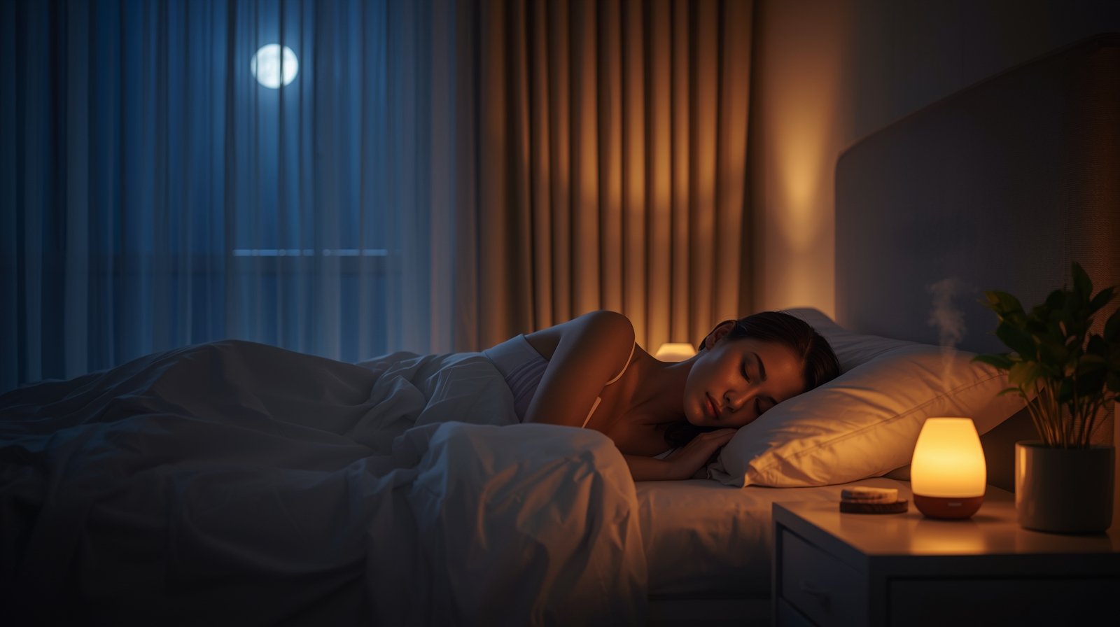 Peaceful wellness bedroom at night